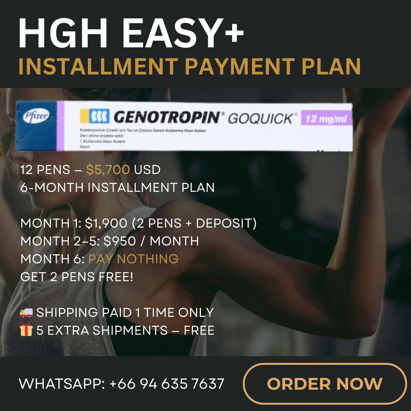 Buy HGH Products: Genotropin & Ngenla Pfizer Advertisement for Genotropin GoQuick 36 IU with installment payment plan details.

Genotropin GoQuick 36 IU pens installment payment plan – 12 pens $5,700 with 6-month payment option, free pens and free shipping offer.